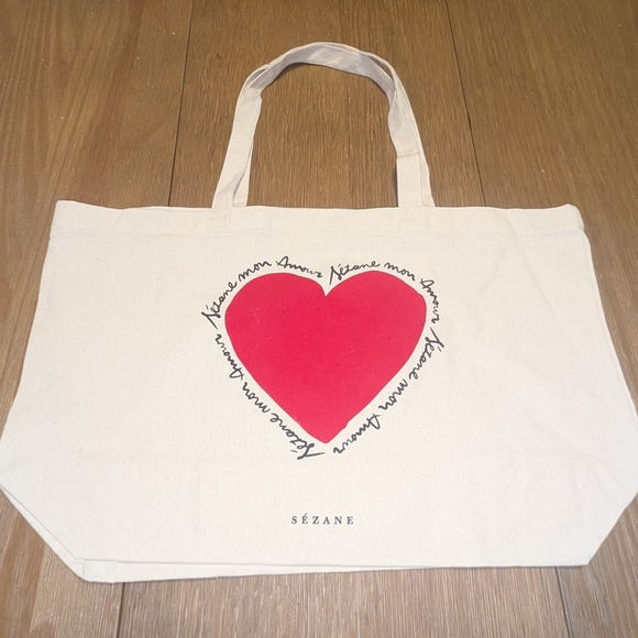Handbags - Sezane Cream Tote Bag with Red Heart